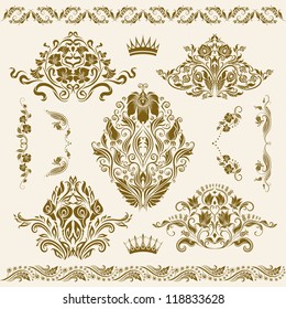 Set of vector damask ornaments. Floral elements, borders, corners for design. Page decoration.