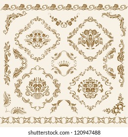 Set of vector damask ornaments. Floral elements, borders, corners for design. Page decoration.