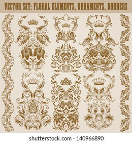 Set of vector damask ornaments. Floral elements, borders, crowns for design. Page decoration.