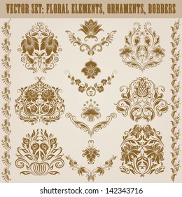 Set of vector damask ornaments. Floral elements, borders, corners for design. Page decoration.