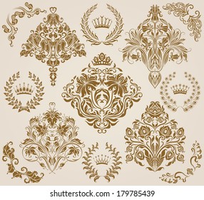 Set of vector damask ornaments. Floral elements, borders, crowns, laurel wreaths for design. Page decoration.