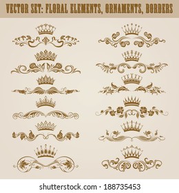 Set of vector damask ornaments. Floral elements, borders, crowns for design. Page decoration