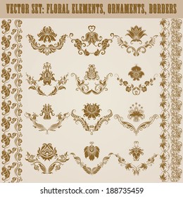 Set of vector damask ornaments. Floral elements, borders for design. Page decoration.