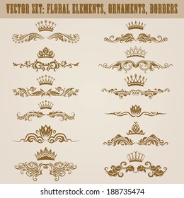 Set of vector damask ornaments. Floral elements, borders, crowns for design. Page decoration