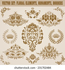 Set of vector damask ornaments. Floral elements, borders, crowns, laurel wreaths for design. Page decoration.