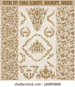Set of vector damask ornaments. Floral elements, seamless patterns, borders, arabesque, crowns, laurel wreaths for design. Page decoration in vintage style.