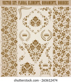 Set of vector damask ornaments. Floral elements, seamless patterns, borders, arabesque, crowns, laurel wreaths for design. Page decoration in vintage style.
