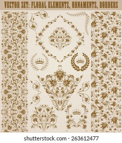 Set of vector damask ornaments. Floral elements, seamless patterns, borders, arabesque, crowns, laurel wreaths for design. Page decoration in vintage style.