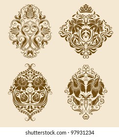 Set of vector damask ornaments. Floral elements for design.