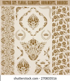 Set of vector damask ornaments. Hand-drawn floral elements, seamless patterns, borders, arabesque, crowns, laurel wreaths for design. Page decoration in vintage style.