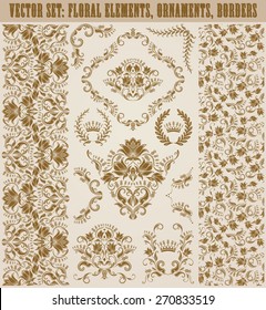 Set of vector damask ornaments. Hand-drawn floral elements, seamless patterns, borders, arabesque, crowns, laurel wreaths for design. Page decoration in vintage style.