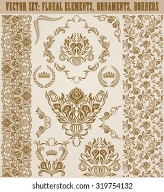Set of vector damask ornaments. Hand-drawn floral elements, seamless patterns, borders, arabesque, crowns, laurel wreaths for design. Page decoration in vintage style.