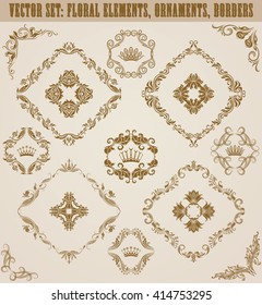Set of vector damask ornaments. Hand-drawn floral elements, patterns, borders, arabesque, decorative victorian crowns and heraldic floral elements for design. Page decoration in vintage style.
