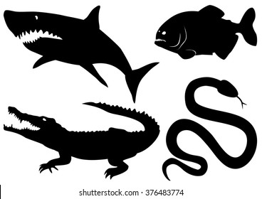 Set vector dangerous predatory animals - crocodile, piranha, shark,snake  