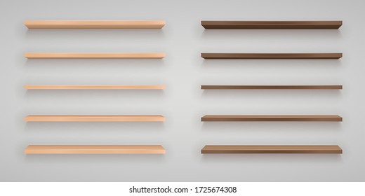 Set of vector Dark and Light Wood Shelves with difference view angle on gray background