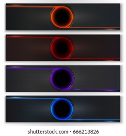 Set of vector dark metal banners with illuminated round hole in the center.