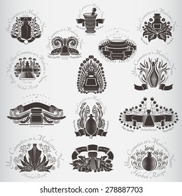 Set of vector dark silhouettes labels beauty or medicine theme. Bottles and glass near plants, flowers, berries; leaves. (cream, lotion, balm, tincture, cosmetics, oil, perfume, herbal drags)