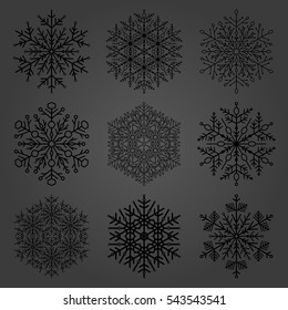 Set of vector dark snowflakes. Fine winter ornament. Snowflakes collection. Snowflakes for backgrounds and designs