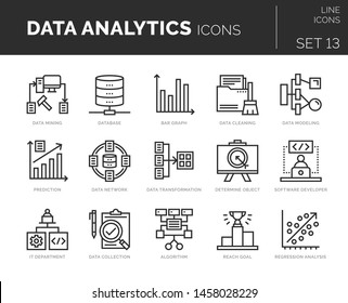 Set of vector data analytics icons. Icons are in flat / line design with elements for mobile concepts and web apps. Collection of modern infographic logos and pictograms.