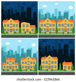 Set of vector day and night city with cartoon houses and buildings. City space with road on flat style background concept. Summer urban landscape. Street view with cityscape on a background
