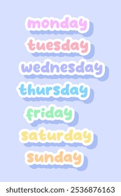 Set vector days of the week pastel colors isolated trend stickers. Colourful days of the week lettering in pastel tones. Days of the week typography set, font for daily organiser, diary.