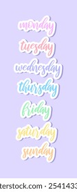 Set vector days of the week pastel colors isolated trend stickers. Colourful days of the week lettering in pastel tones. Days of the week typography set, font for daily organiser, diary.	