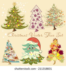 Set of vector decorated Christmas trees in different styles