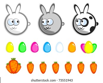 Set of vector decoration isolated elements. Cute Easter bunnies and eggs. Child.