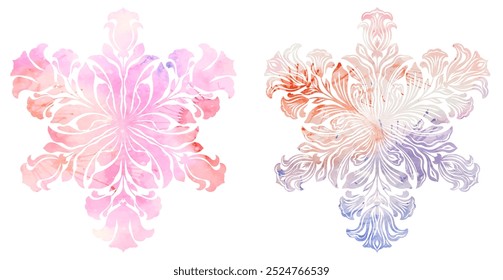 Set of vector decorative art nouveau watercolor mandalas. Collection of circle tracery cliparts with blooming flowers isolated from background. Floral illustration for cards, stickers and sublimation