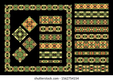 Set of vector decorative  border ornaments, frames with feathers on dark background