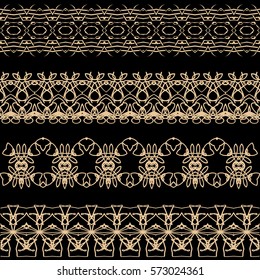 Set of vector decorative borders. Gold on black background.