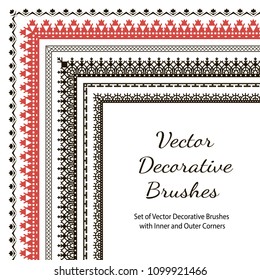 Set of vector decorative brushes with inner and outer corners. Seamless borders for patterned frames. 