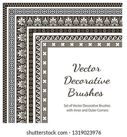 Set of Vector Decorative Color Brushes. Vector Decorative Brushes with Inner and Outer Corners. Seamless Borders for Patterned Frames. 