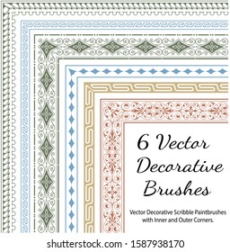 Set of Vector Decorative Color Brushes. Vector Decorative Brushes with Inner and Outer Corners. Seamless Borders for Patterned Frames. 
