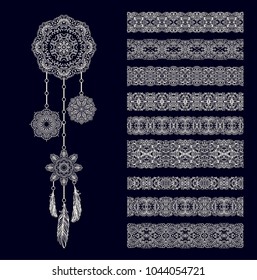 Set of vector decorative elements - dreamcatcher, set of lace borders on dark background