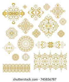 Set of vector decorative elements -golden  rosettes, vignettes, borders on white background