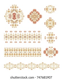Set of vector decorative elements -golden  rosettes, vignettes, borders on white background