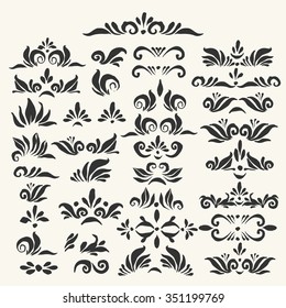 Set of vector decorative elements. Hand drawn ornamental strokes, headers, dividers and corners. Black ink calligraphic set for certificate, invitation, label design.