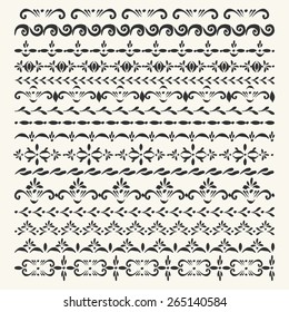 Set of vector decorative elements. Illustrator pattern brushes. Stripe seamless ornamental borders.