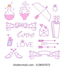 Set of vector decorative elements on the theme of love.