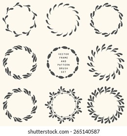 Set of vector decorative elements. Pattern brushes for illustrator. Round frames with hand drawn ornamental strokes. Cute black wreaths.