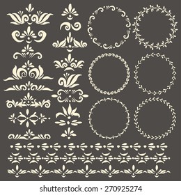 Set of vector decorative elements and pattern brushes for illustrator. Round frames with hand drawn ornamental strokes, headers and corners. Cute wreaths and stripe ornaments.