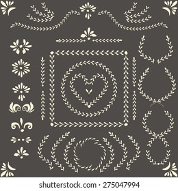 Set of vector decorative elements and pattern brushes for illustrator. Round and square frames, branches, wreaths and other shapes with hand drawn ornamental strokes, headers and corners. 