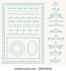 Set of vector decorative elements and pattern brushes for illustartor. Round and square frames, branches, wreaths and other shapes with hand drawn ornamental strokes, headers and corners. 