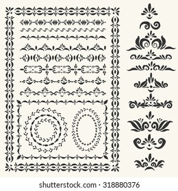 Set of vector decorative elements and pattern brushes for illustrator. Round and square frames with corner elements, borders, headers and dividers with hand drawn ornamental strokes. 