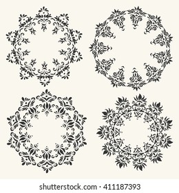 Set of vector decorative elements and pattern brushes. Round frames with hand drawn ornamental strokes. Oriental style mandala.