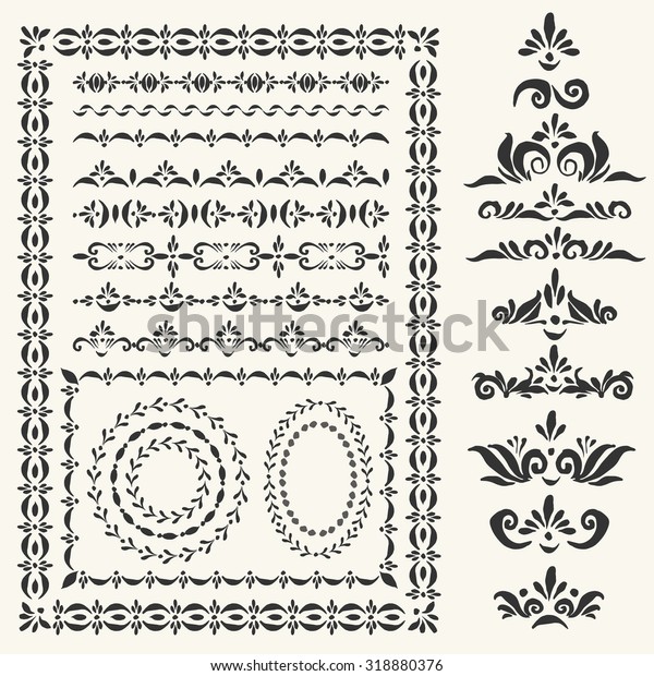 Set of\
vector decorative elements and pattern brushes for illustrator.\
Round and square frames with corner elements, borders, headers and\
dividers with hand drawn ornamental strokes.\
