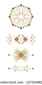 Set of vector decorative elements - rosette, border ornament on white background