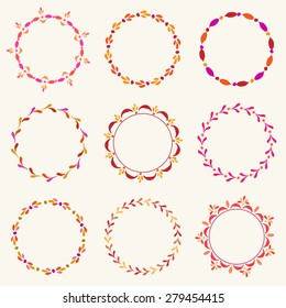 Set of vector decorative elements. Round frames with hand drawn ornamental strokes and used pattern brushes for illustrator. Red and yellow bright wreaths.