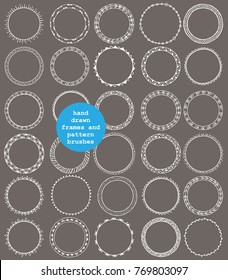 Set of vector decorative elements. Round frames in white color, pattern brushes included. For holiday card design and festive background.
